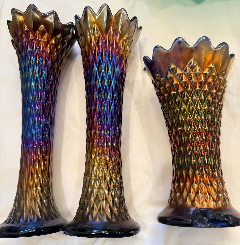 Set of 3 Northwood Amethyst Diamond Point Carnival Glass Swung Vases